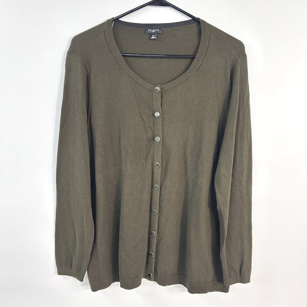 Talbots Olive Cashmere Blend Cardigan 2X Minimalist Capsule Wardrobe Sweater